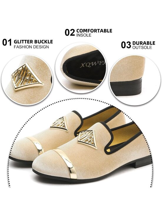 XQWFH Men\'s Beige Glitter Velvet Loafer Gold Buckle Slip On Spiked Fashion Shoes main image 5